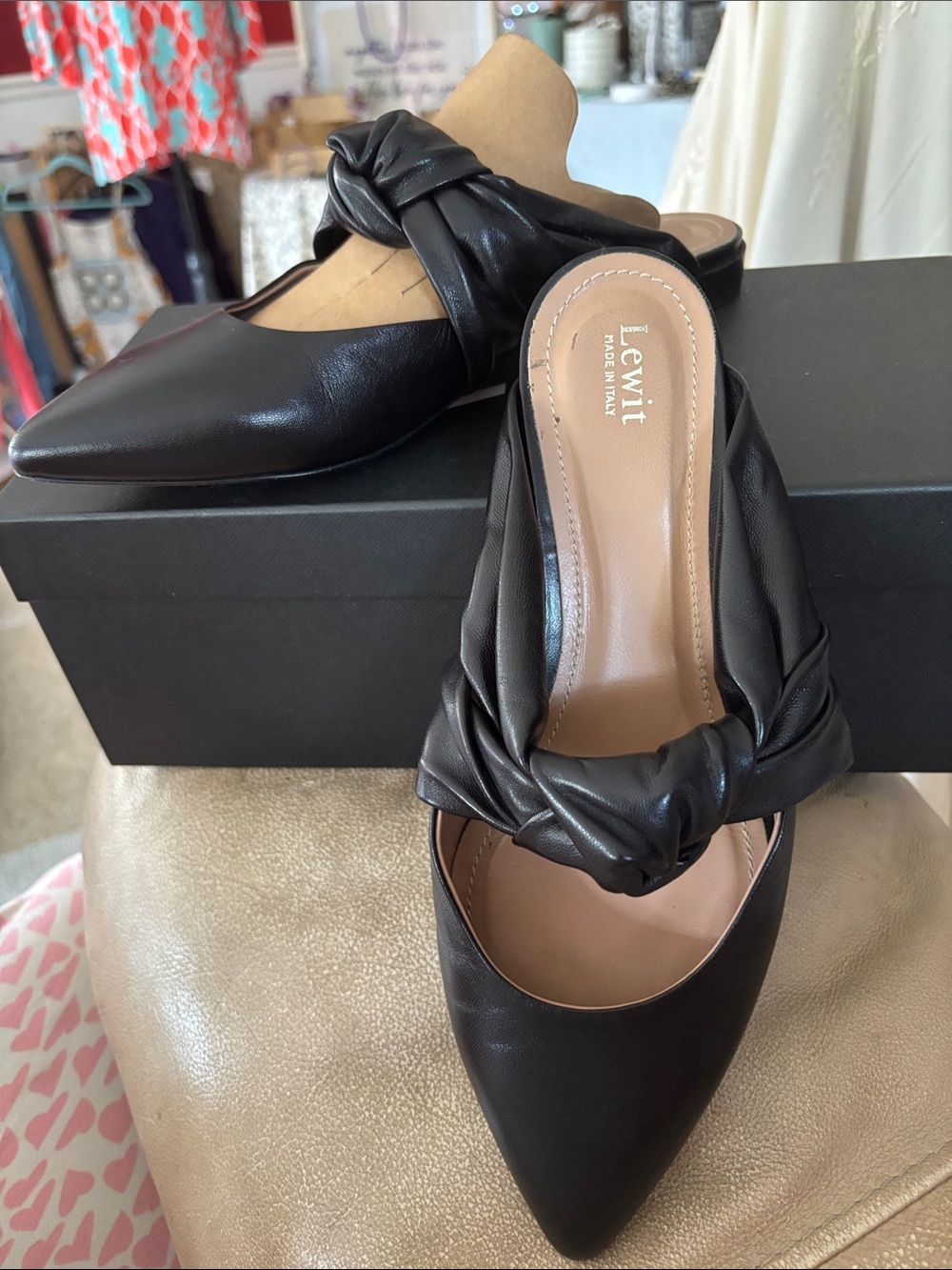 Lewit Black Knotted Leather Slip-On Mules